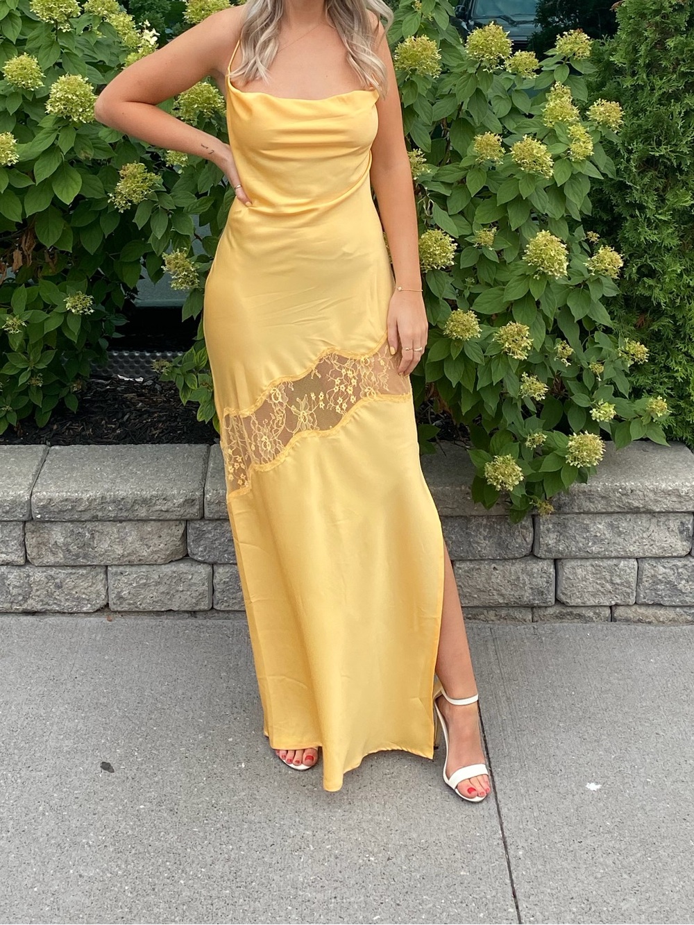 Meshki Yellow Satin Slip Dress with Lace Insets - Picture 3 of 3